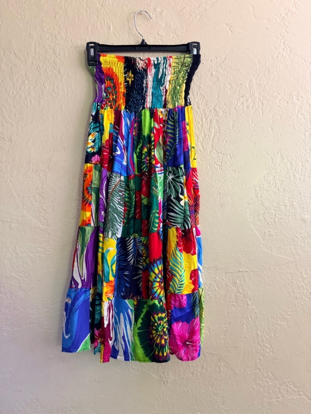 Colorful Patchwork Tropical Midi Skirt - Bright Multicolor waist stretches 18"
